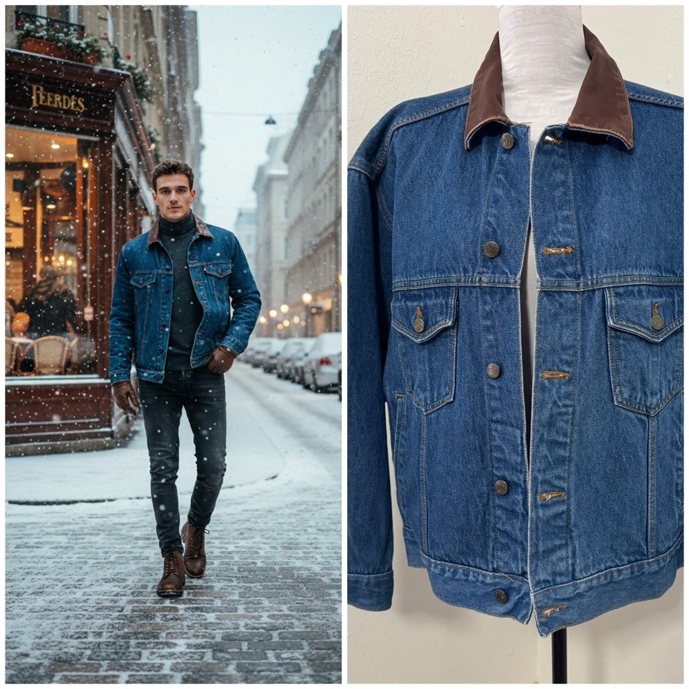 Marlboro Country Store Vintage Men's Trucker Denim Jacket Leather Brown Collar